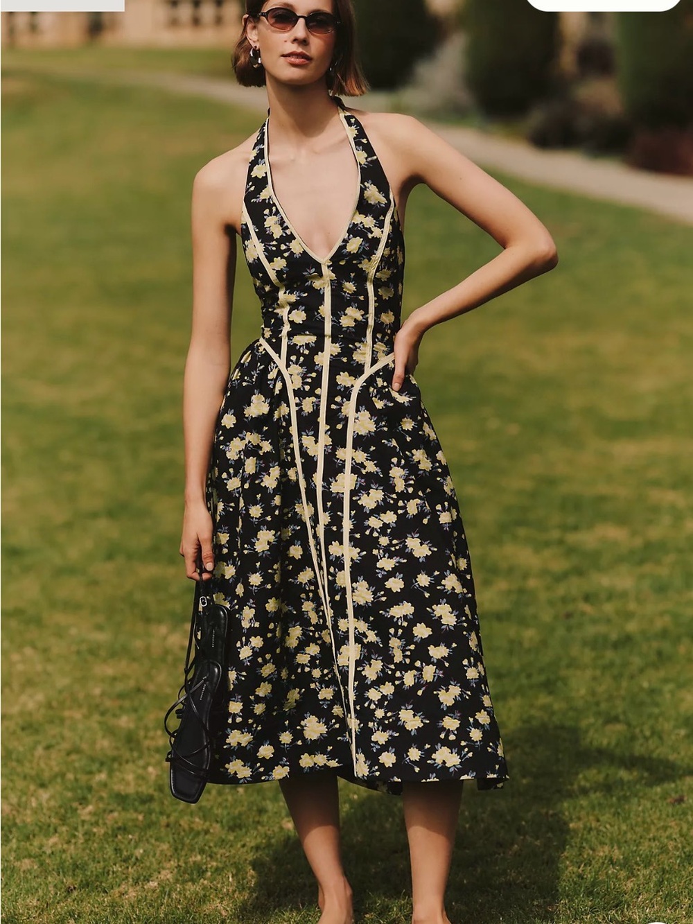 Halter Floral Midi Dress in Black and Yellow